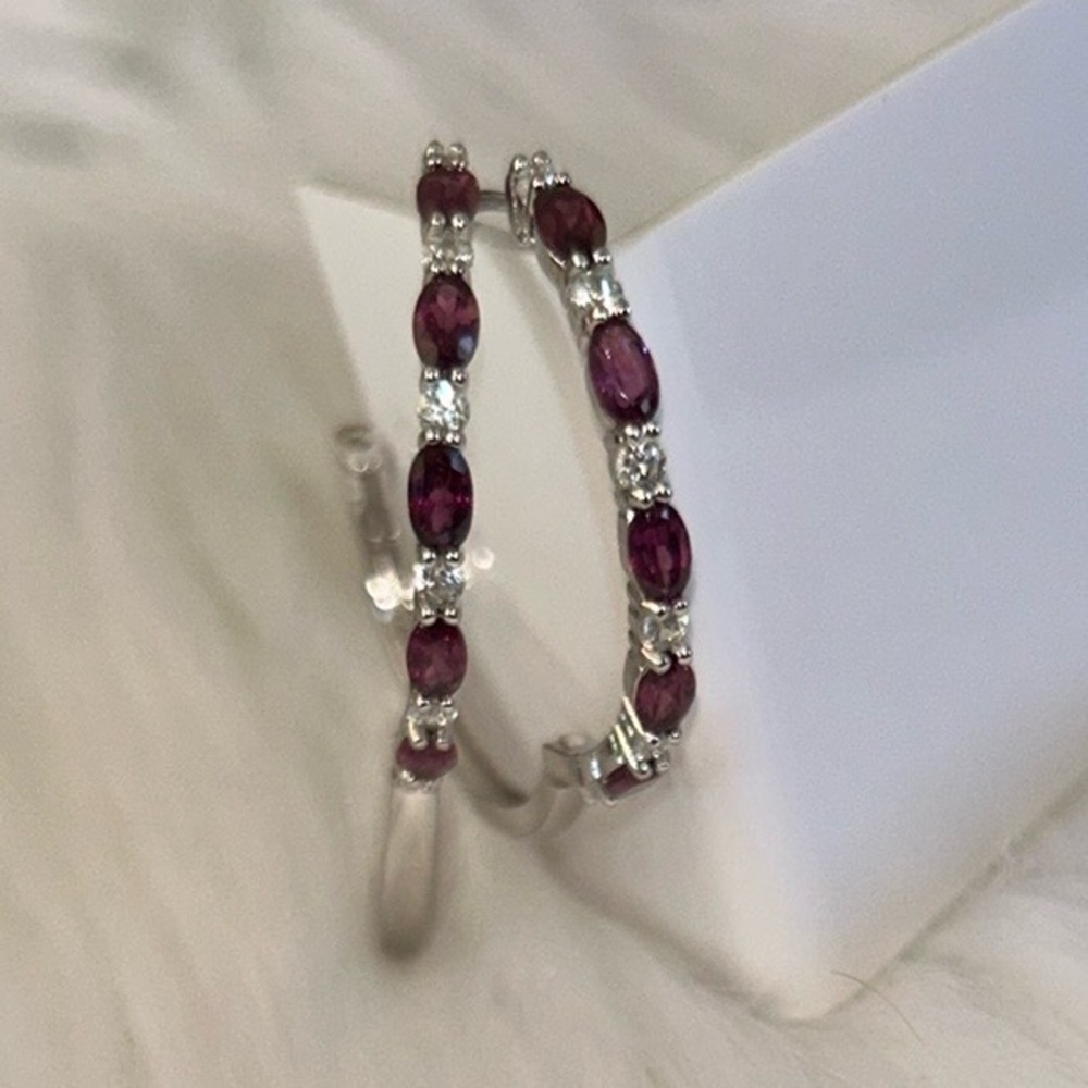 New Raspberry Rhodolite and Zircon Hoop Earrings - Picture 2 of 4